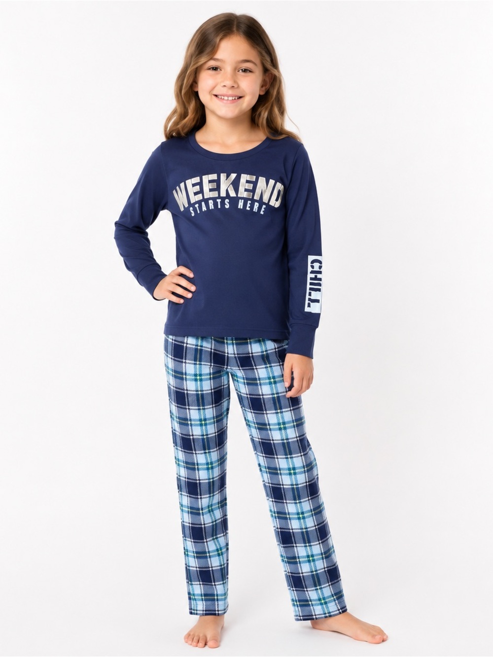 Max & Olivia Girls Blue Plaid Pajama Set Weekend Starts Here Size 6/7